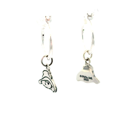 Side view of sterling silver Paddington Bear hoop earring showing the dangling charm and oxidised detailing