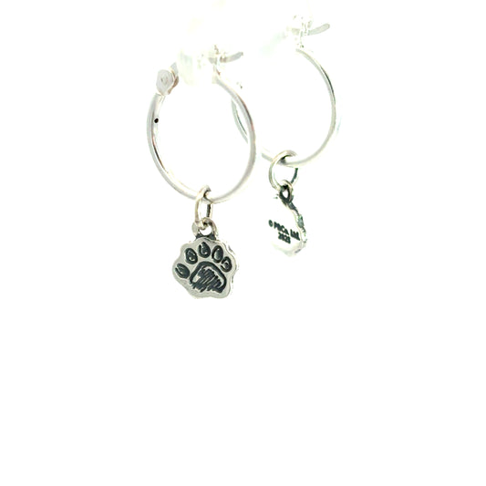Official Paddington Bear Silver hoop earrings with paw print charms on a white background