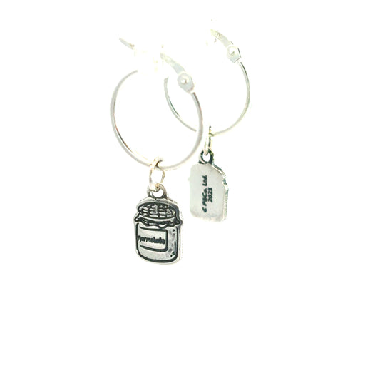 Sterling silver hoop earrings with dangling marmalade jar charms on a white background