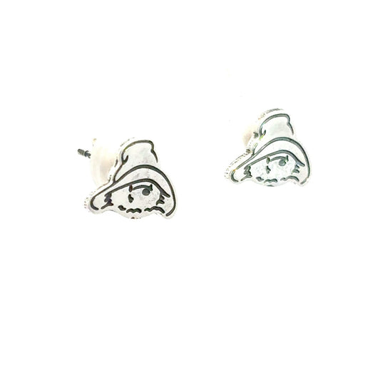 Pair of silver Paddington bear-shaped earrings on a white background