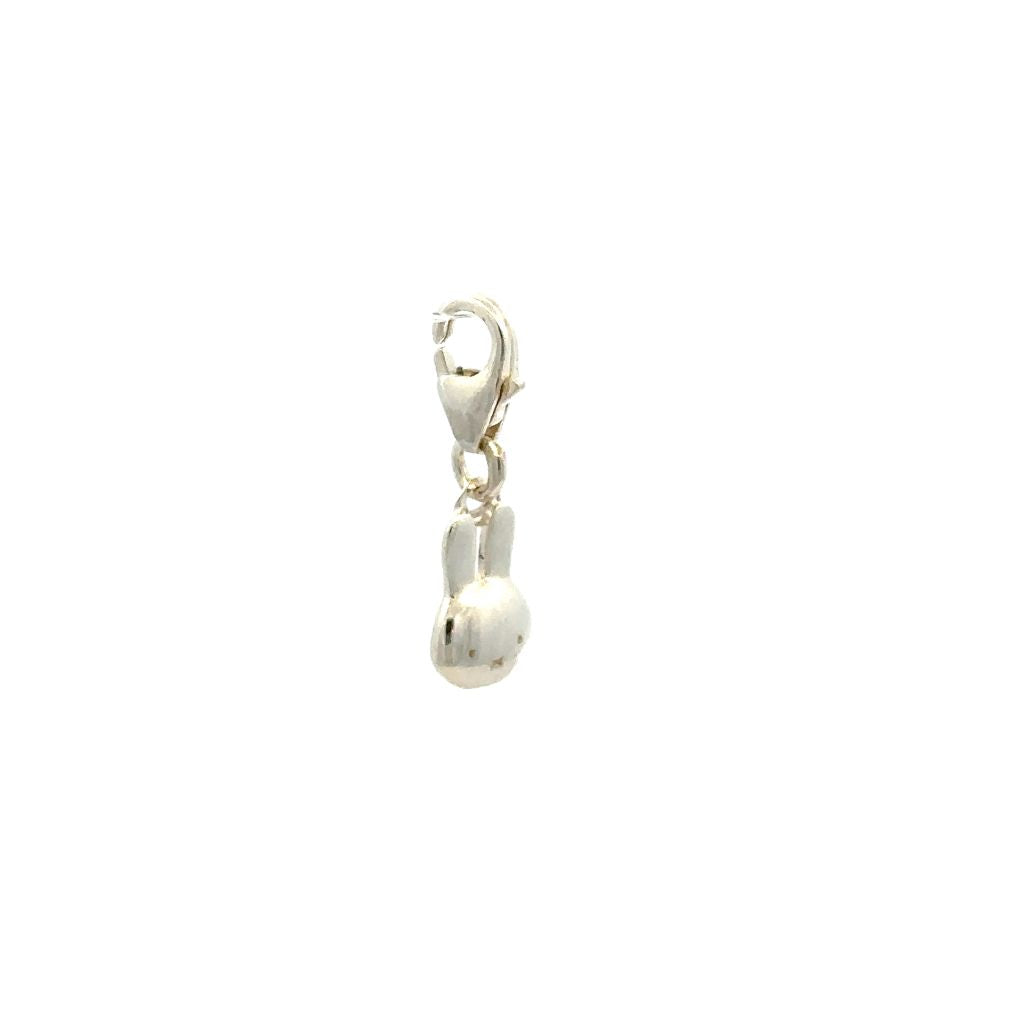 Sterling silver Miffy large head charm shown from the side, highlighting smooth polished finish, on a white background.