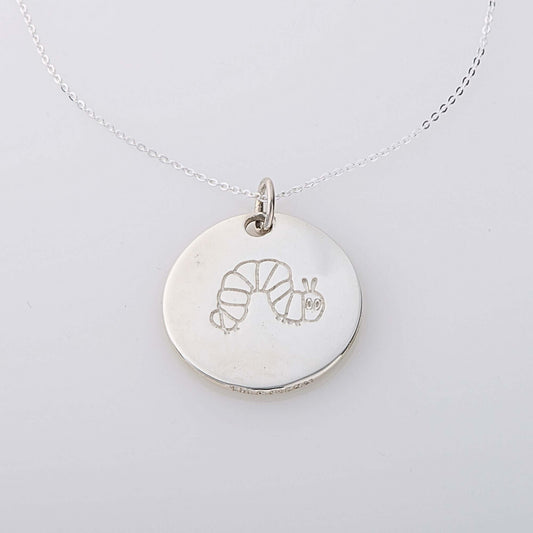 Sterling silver Very Hungry Caterpillar Large Disc Necklace with etched caterpillar design.