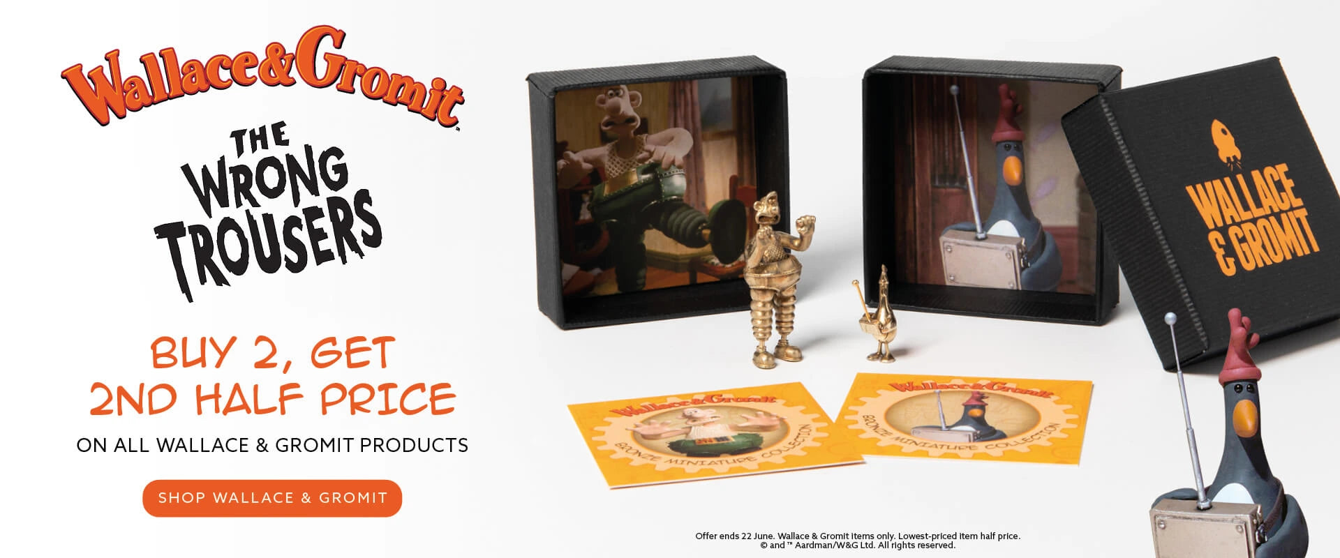 Wallace & Gromit Wrong Trousers Day promotion banner featuring officially licensed jewellery and collectables, with buy 2 Wallace & Gromit items and get the 2nd half price.