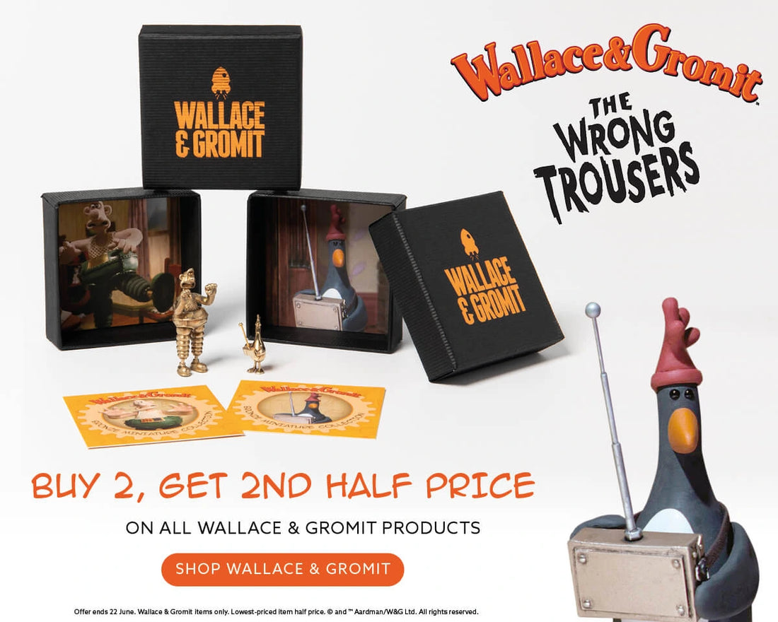Wallace & Gromit Wrong Trousers Day promotion banner featuring officially licensed jewellery and collectables, with buy 2 Wallace & Gromit items and get the 2nd half price.