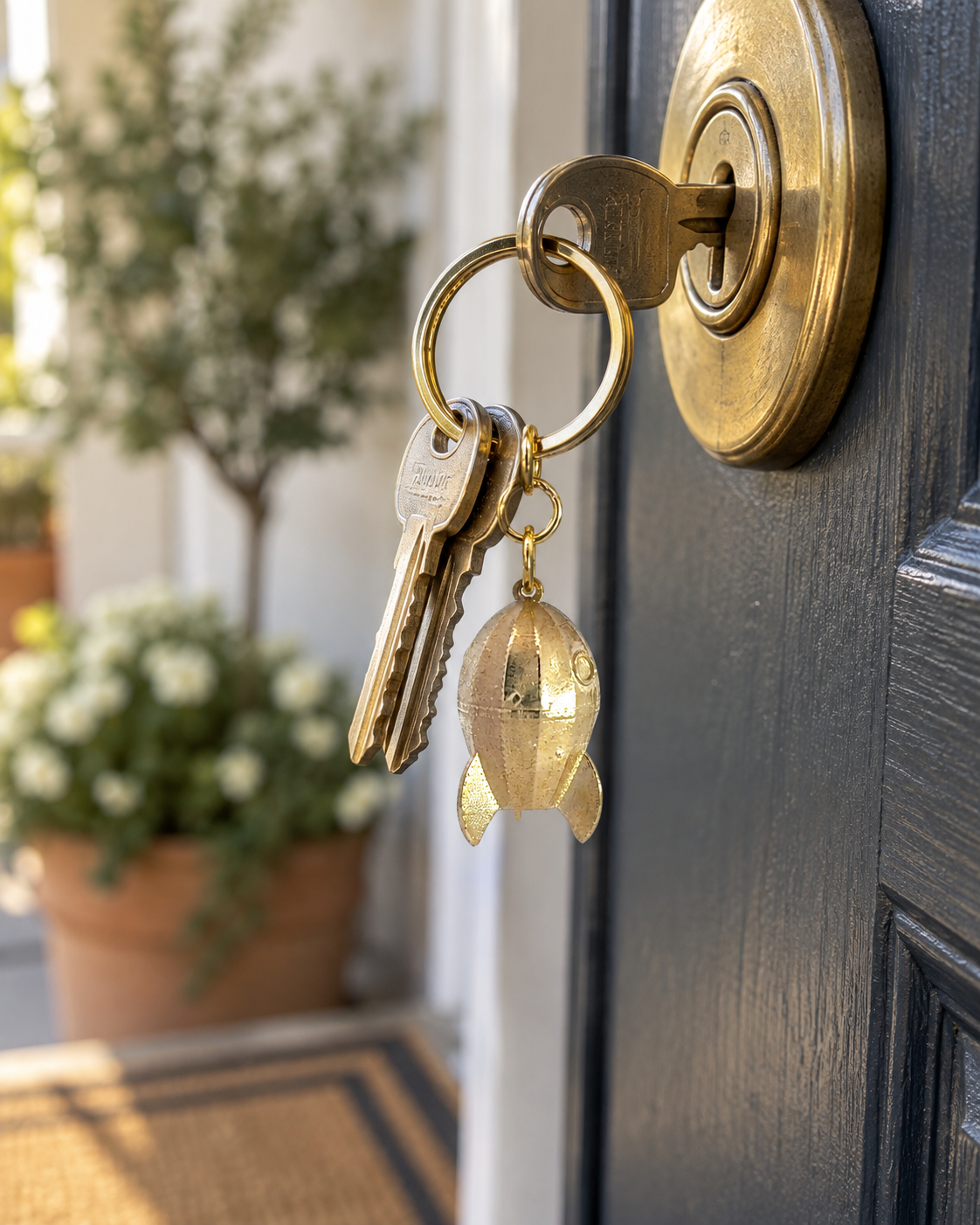 Wallace and Gromit Gold rocket keyring attached to house keys in a front door lock