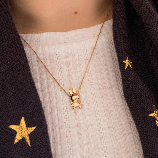 Handcrafted Winter Miffy Charm Necklace in gold vermeil, showcasing Miffy’s winter outfit. A whimsical accessory for all ages.