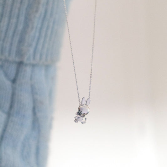 Handmade Winter Miffy Charm Necklace in sterling silver, showcasing Miffy’s cosy winter outfit. A whimsical gift for Miffy fans and special occasions