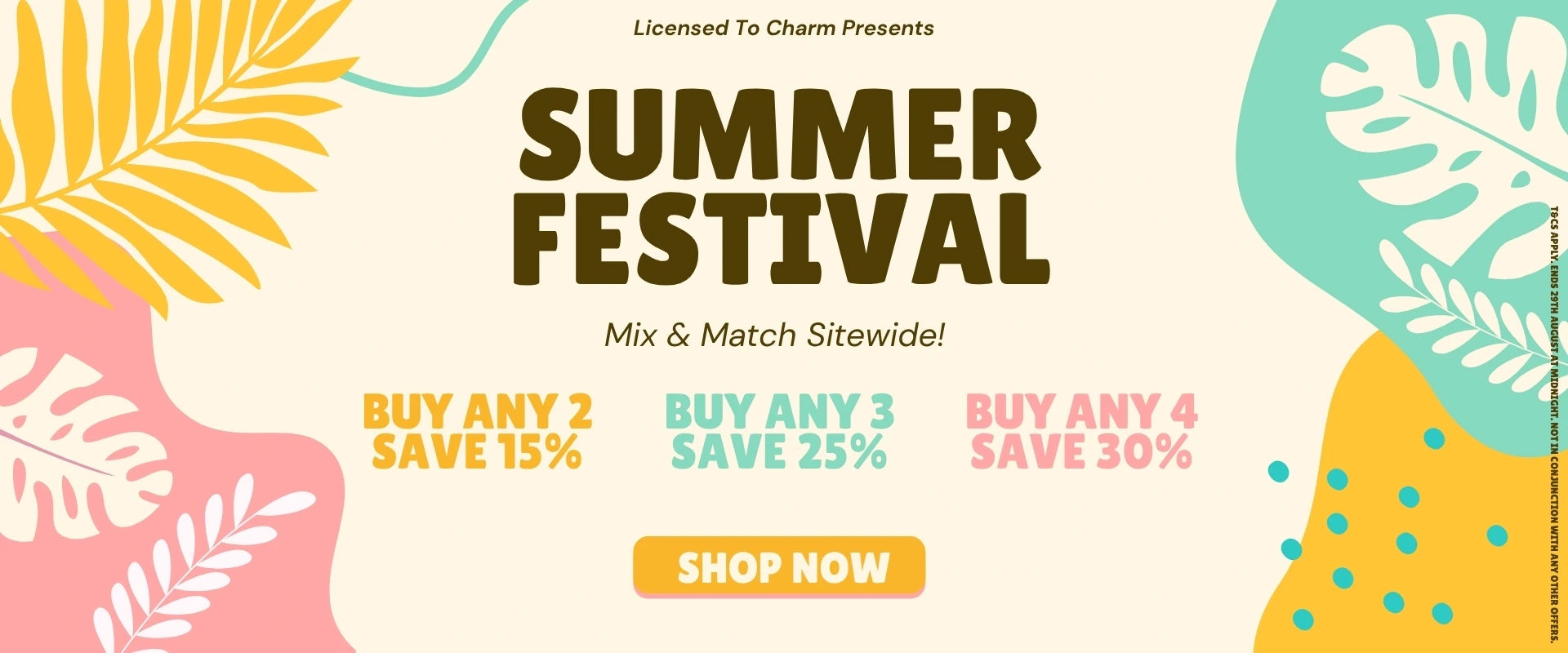 Summer Festival of Charm desktop banner with colourful leaf illustrations and promotional messaging: Buy Any 2 Save 15%, Buy Any 3 Save 25%, Buy Any 4 Save 35%.
