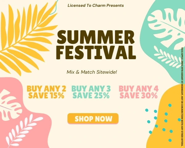 Summer Festival of Charm desktop banner with colourful leaf illustrations and promotional messaging: Buy Any 2 Save 15%, Buy Any 3 Save 25%, Buy Any 4 Save 35%.