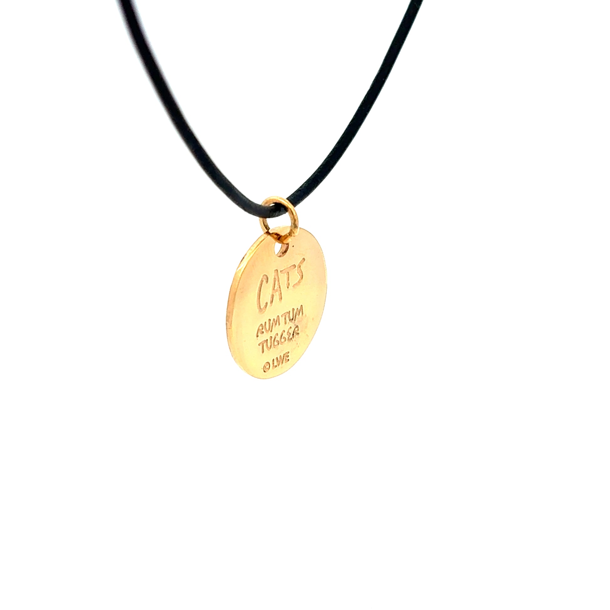 Back of Cats Rum Tum Tugger gold plate leather necklace showing Cats logo and character name on black leather cord