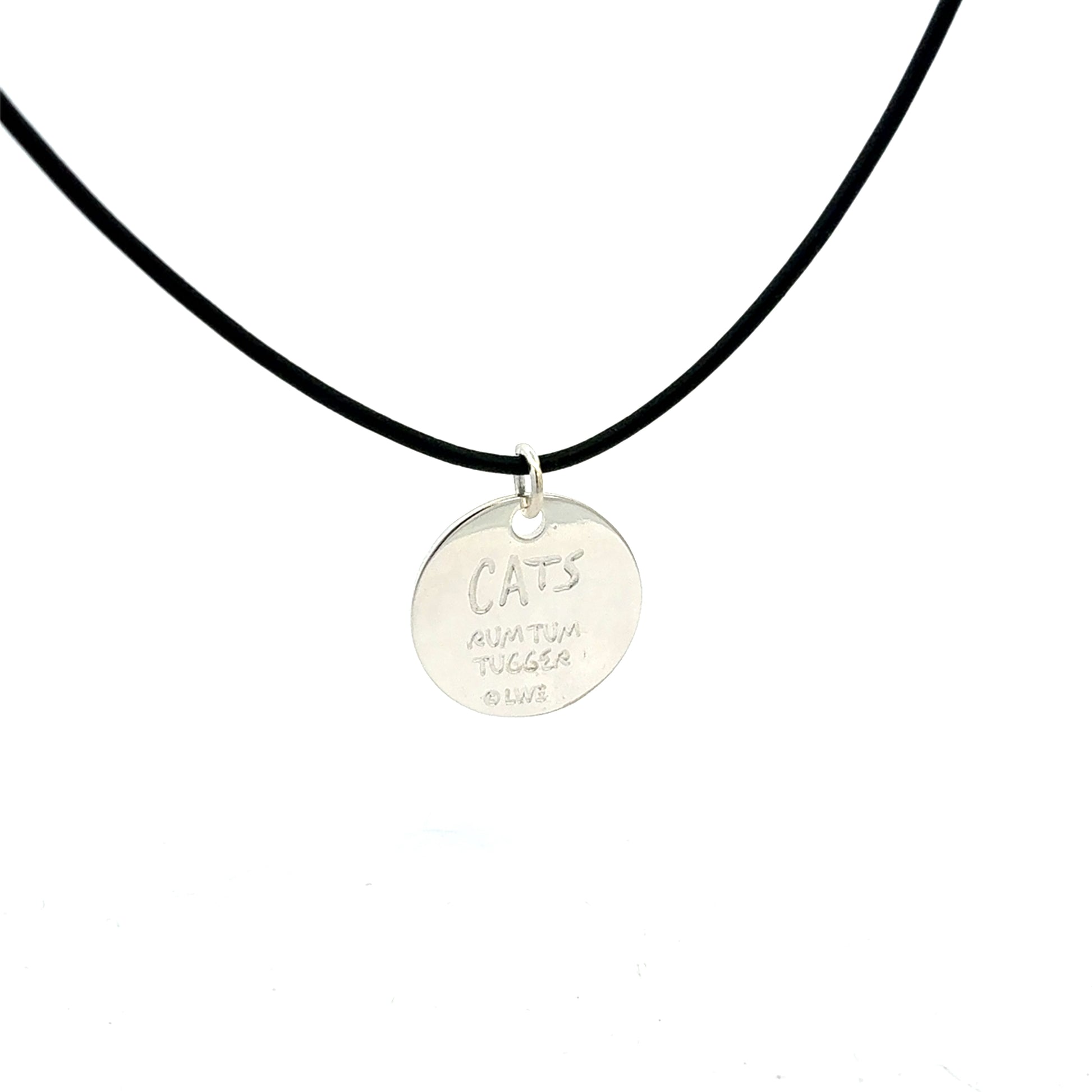 Licensed To Charm Back of Cats Rum Tum Tugger leather necklace showing Cats logo and character name on black leather cord