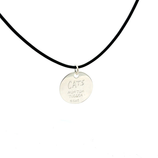 Licensed To Charm Back of Cats Rum Tum Tugger leather necklace showing Cats logo and character name on black leather cord