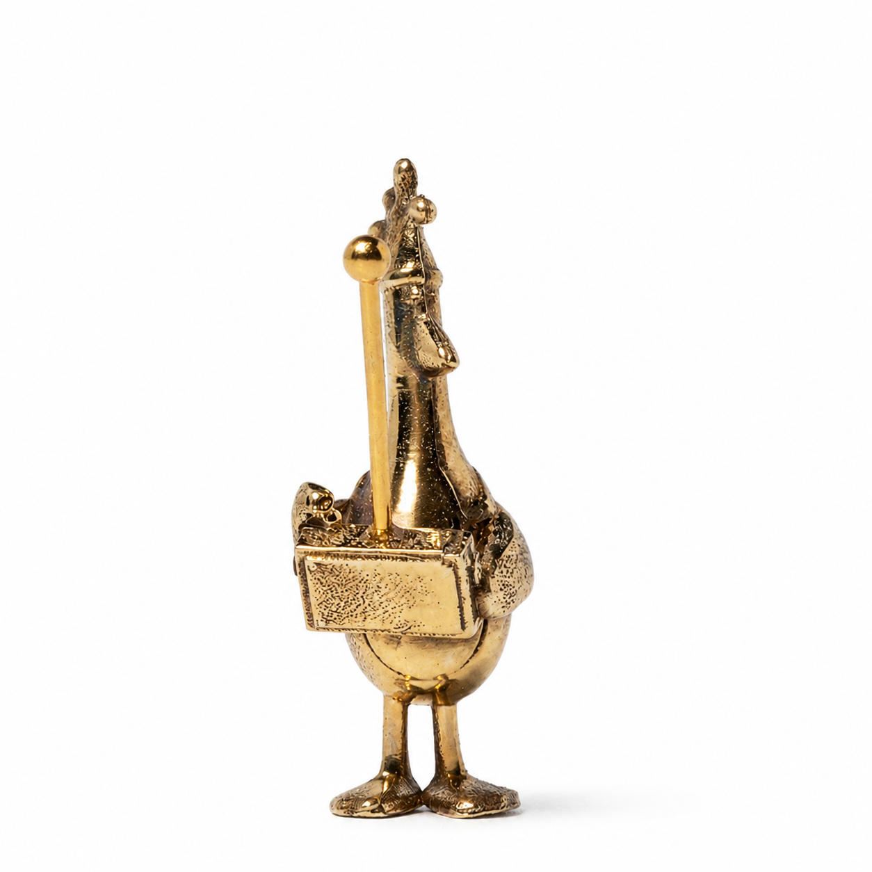 Three-quarter front view of Feathers McGraw miniature bronze figurine with remote control and antenna.