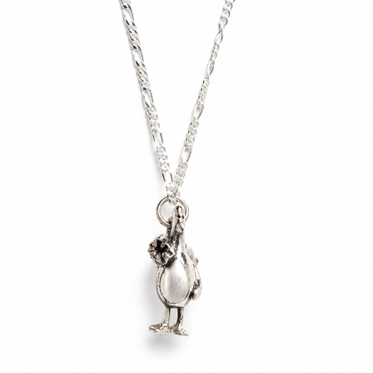 Feathers McGraw silver character pendant on a silver chain, from the Wallace & Gromit jewellery collection, shown against a white background.
