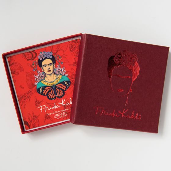 Frida Kahlo jewellery gift box packaging with red box and illustrated Frida Kahlo insert