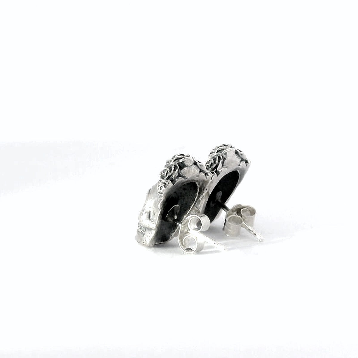 frida-kahlo-sugar-skull-stud-earrings-sterling-silver-angled-view-back