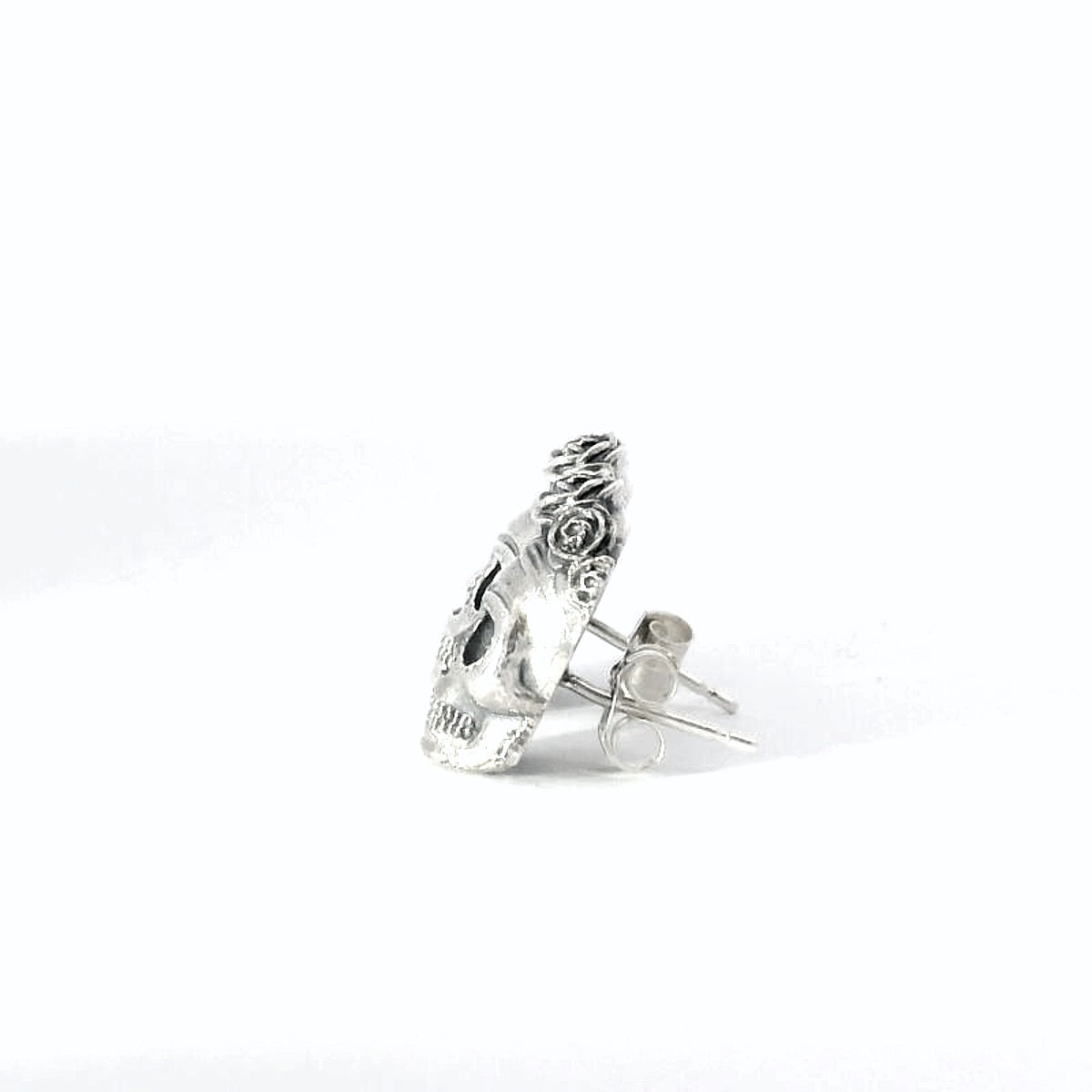 frida-kahlo-sugar-skull-stud-earrings-sterling-silver-angled-view-left
