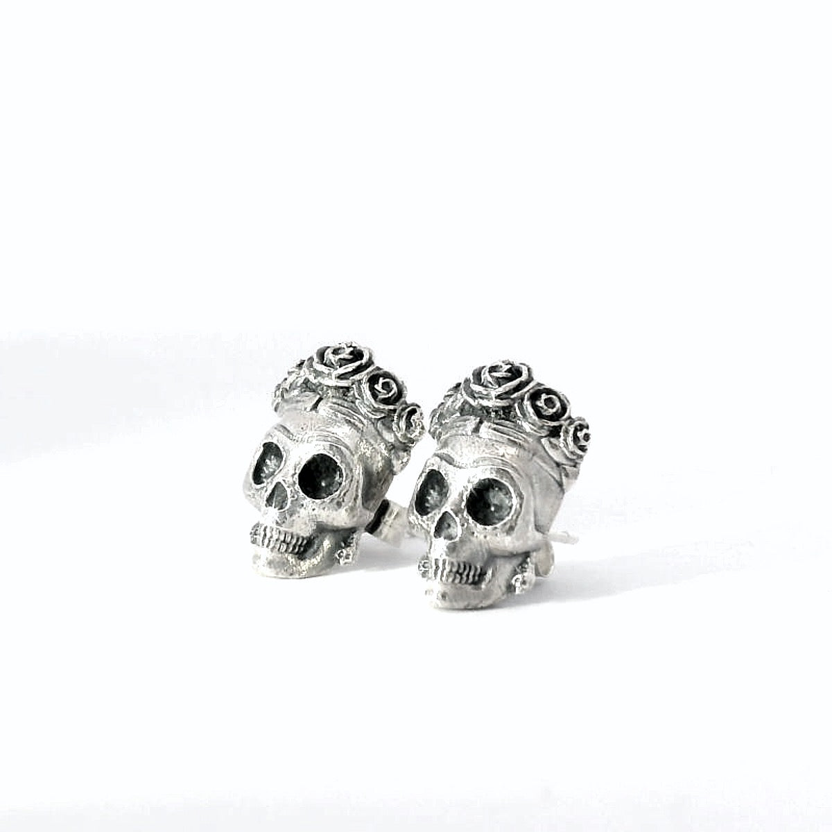 Frida Kahlo sugar skull stud earrings handcrafted in sterling silver side view