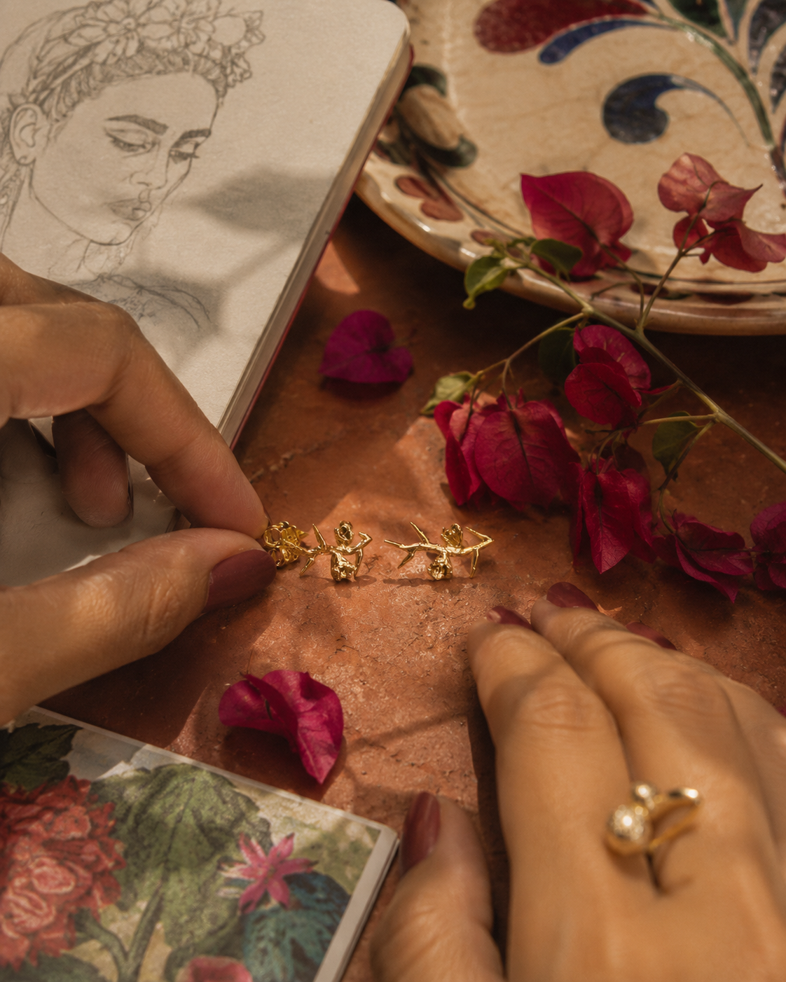 Frida Kahlo thorn stud earrings in gold vermeil styled as a meaningful jewellery gift