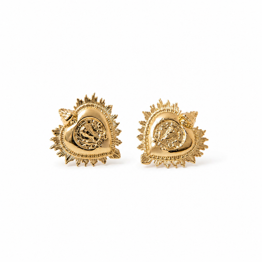 Frida Kahlo Viva La Vida heart stud earrings in 18ct gold vermeil on a white background 