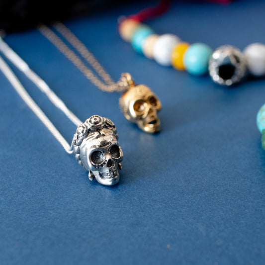 Frida Kahlo Sugar Skull Necklace with floral crown on a sleek sterling silver snake chain.