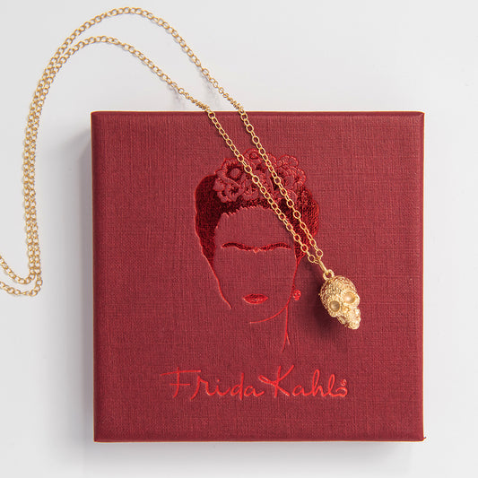 Handcrafted Aztec Skull Charm necklace in 18ct gold vermeil from the Frida Kahlo Love & Pain collection. Bold and versatile, ideal for gifting or daily wear