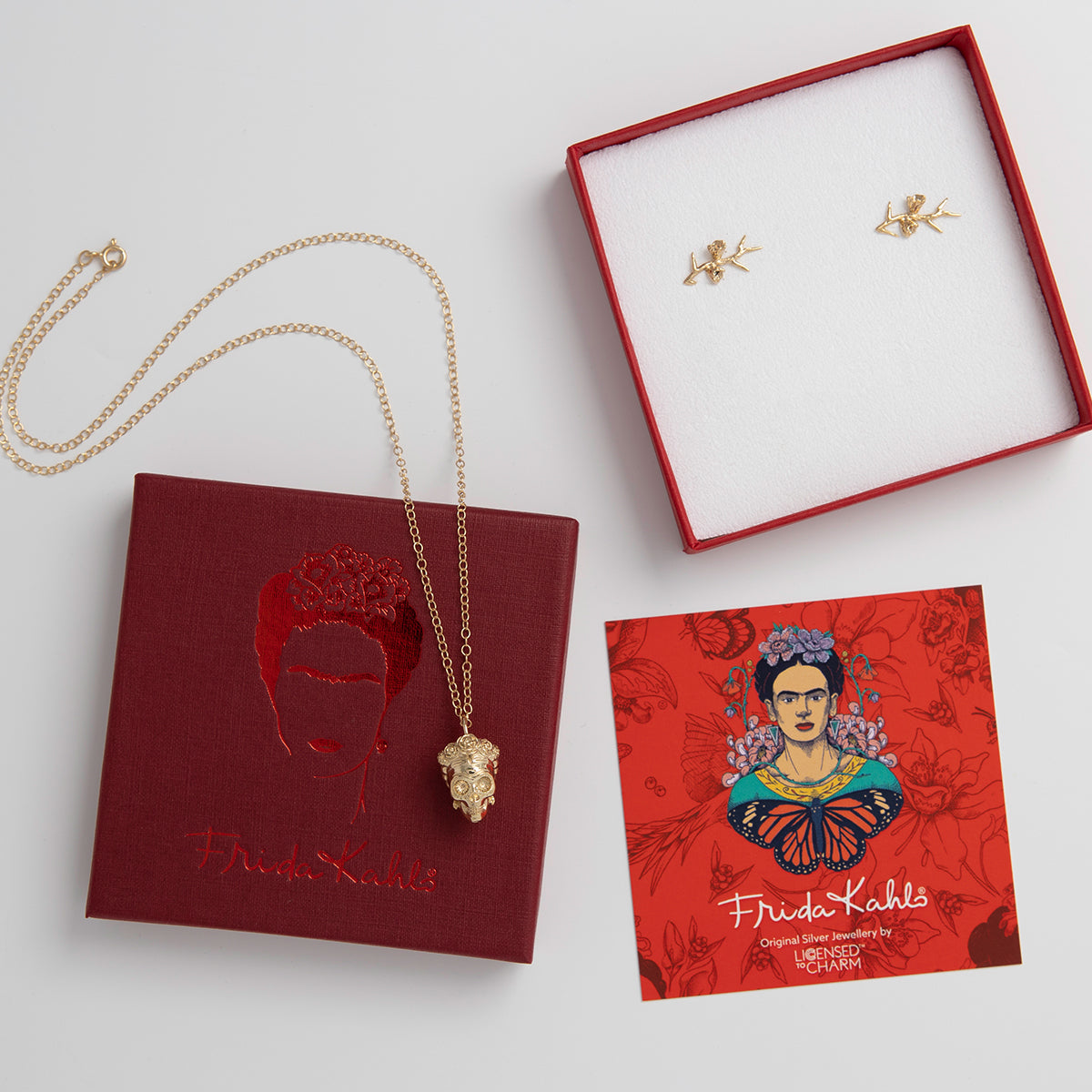 Frida Kahlo Day of the Dead Jewellery Gift Set featuring sterling silver Sugar Skull Necklace and Thorn Stud Earrings. Handcrafted and symbolic