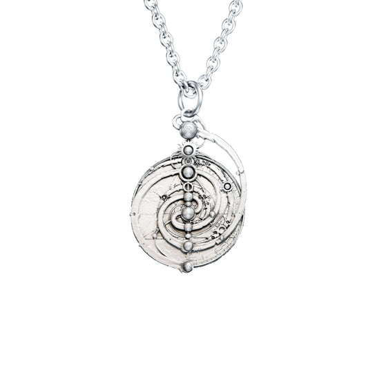 Large sterling silver necklace replicating the Master Time Spiral from The Dark Crystal, featuring detailed mandala designs that symbolize the union of three courses of time and the eventual reunification of the urSkeks.