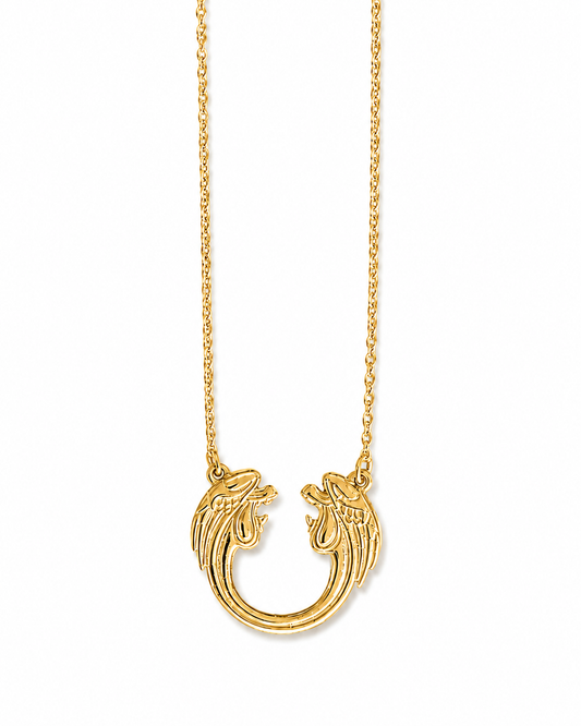 Jesus Christ Superstar 18ct gold vermeil small pendant necklace on a fine chain, photographed on a white background.