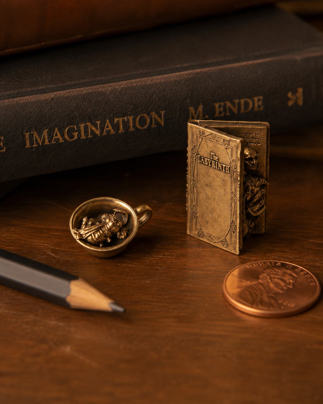Labyrinth Character Book and Worm in a Cup bronze miniatures shown beside a pencil and coin to demonstrate their small scale.