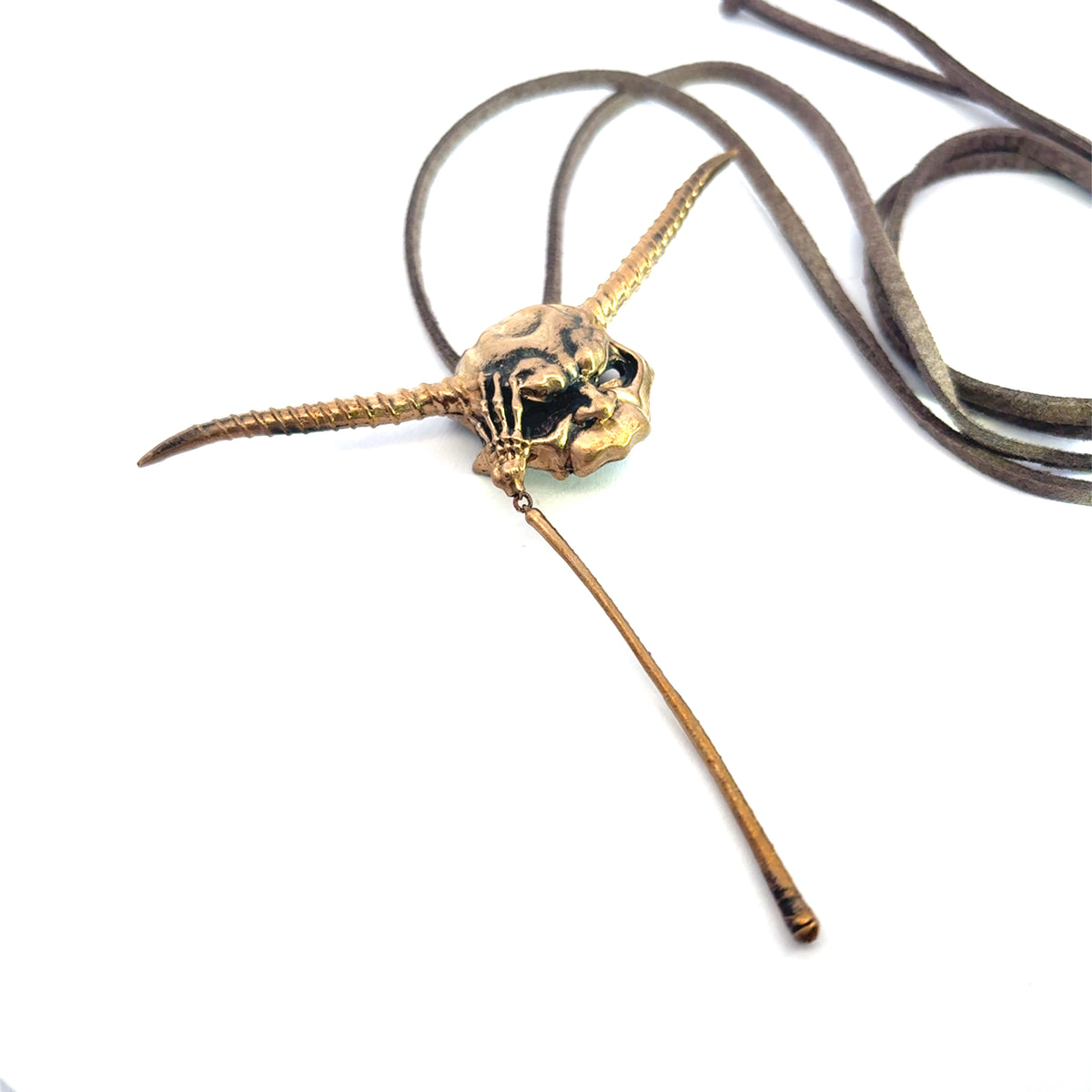 Goblin King Mask bronze pendant showing the cord attachment and mask details