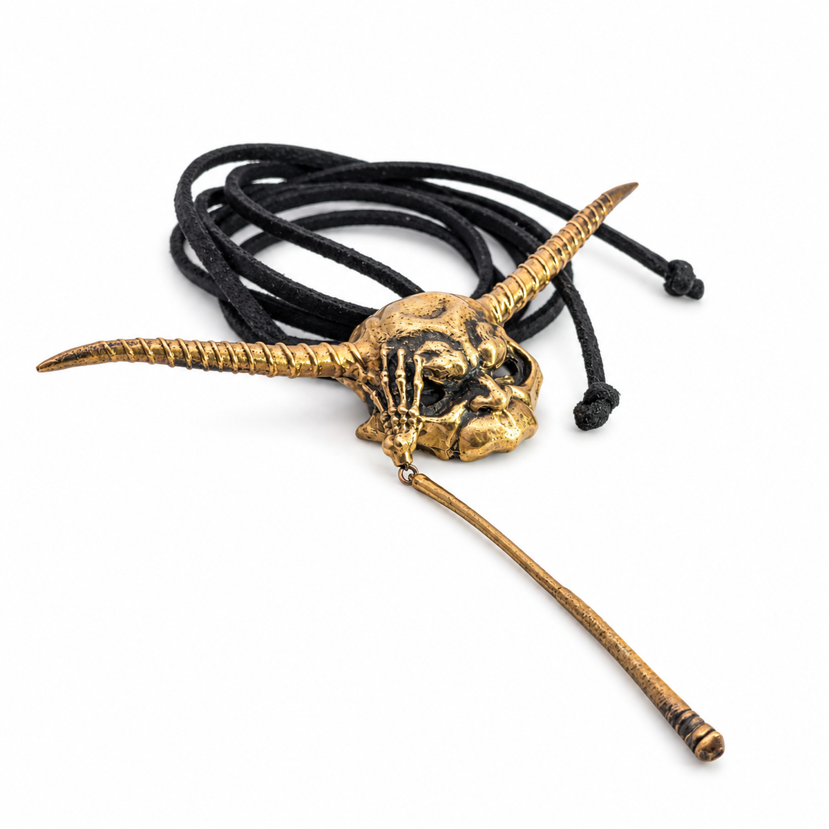 Labyrinth Goblin King Mask cord necklace with bronze-tone horned mask pendant on black cord.
