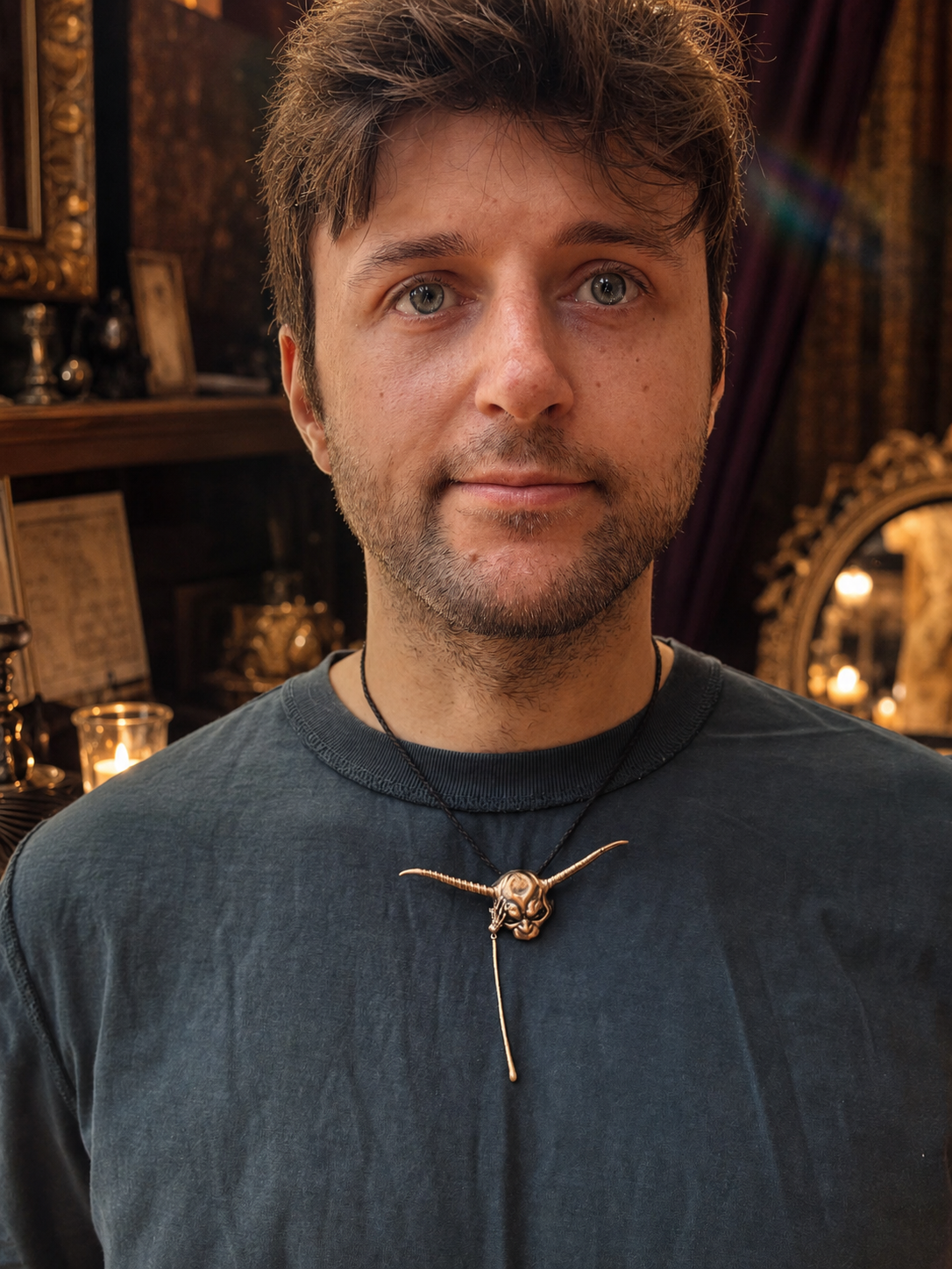 A man wearing a labyrinth goblin king mask bronze metal pendant necklace with a skull and wings, styled on a dark gray t-shirt in a warm, vintage-filled room.