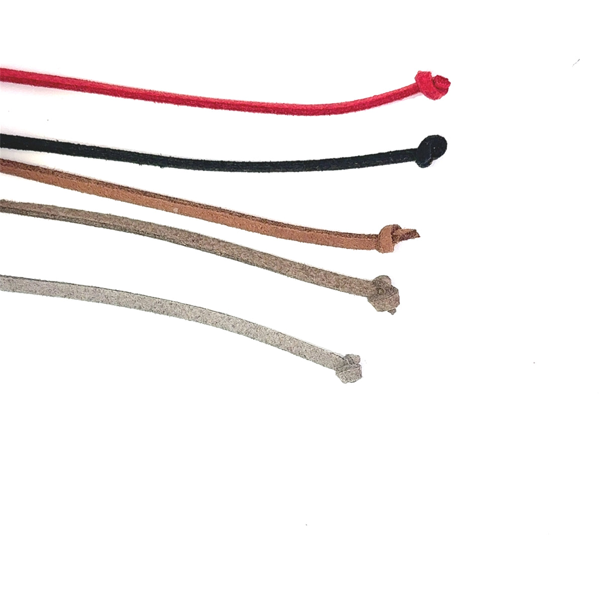 Five cord-like product pieces in red, black, tan, taupe, and light gray, arranged diagonally on a plain white background.