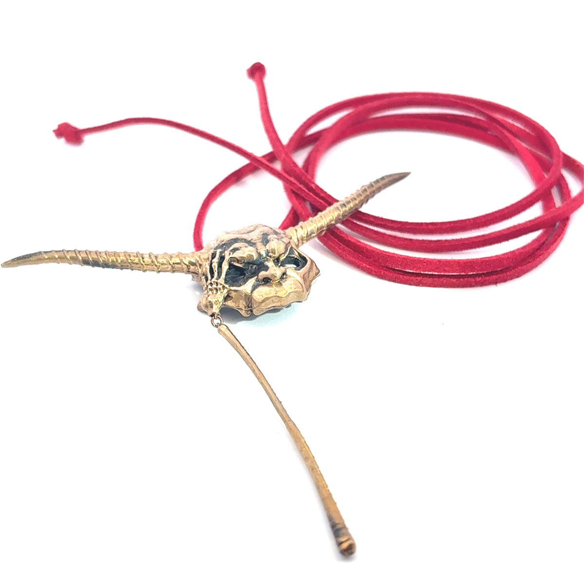 Labyrinth Goblin King Mask bronze pendant on a red cord