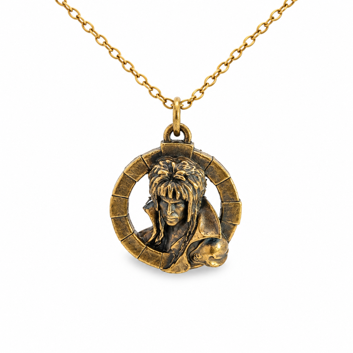 Close-up of Jareth the Goblin King bronze pendant inspired by the Labyrinth film