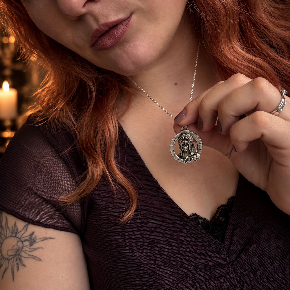 Jareth Goblin King sterling silver necklace worn and held by model