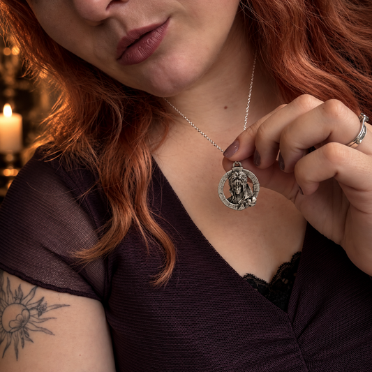 Jareth Goblin King sterling silver necklace worn and held by model