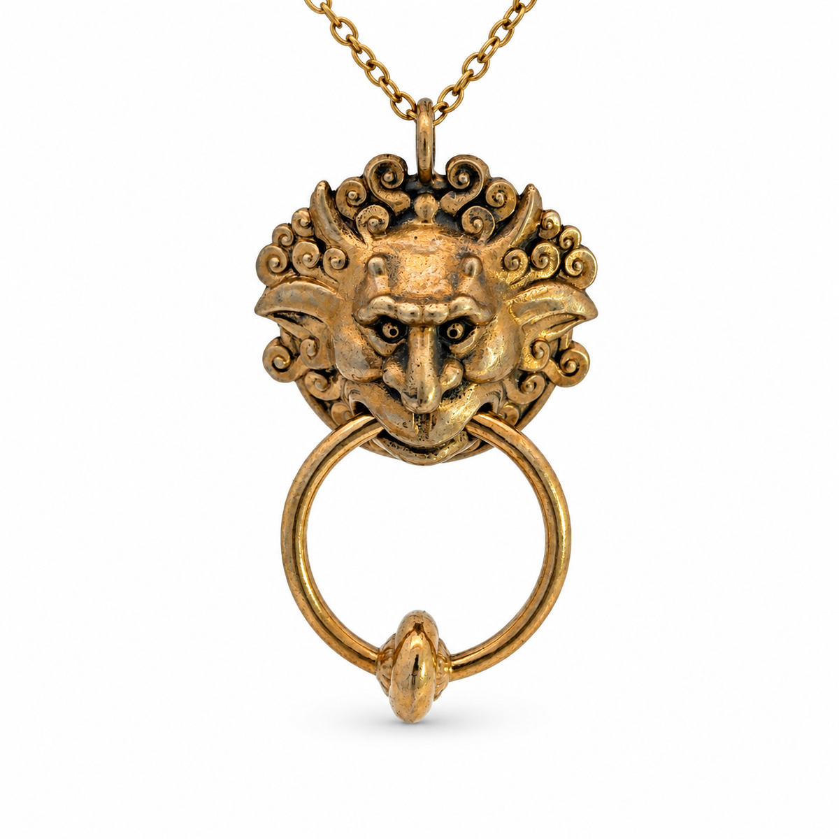 Close-up of the Labyrinth Left Door Knocker Bronze Necklace and movable door ring