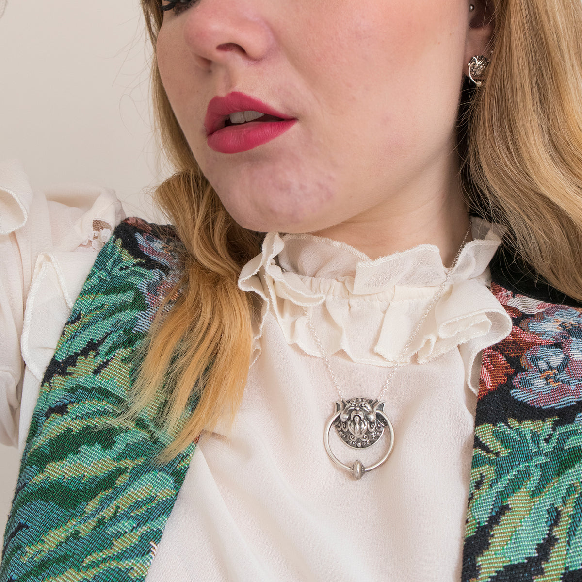 Labyrinth Right Door Knocker sterling silver necklace worn by model