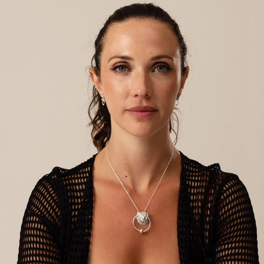 Labyrinth movie jewellery – Sterling Silver Right Door Knocker Necklace. Features the playful door knocker character with a movable ring, crafted from sustainable sterling silver. A quirky and intricate design, ideal for fans of Jim Henson’s classic film
