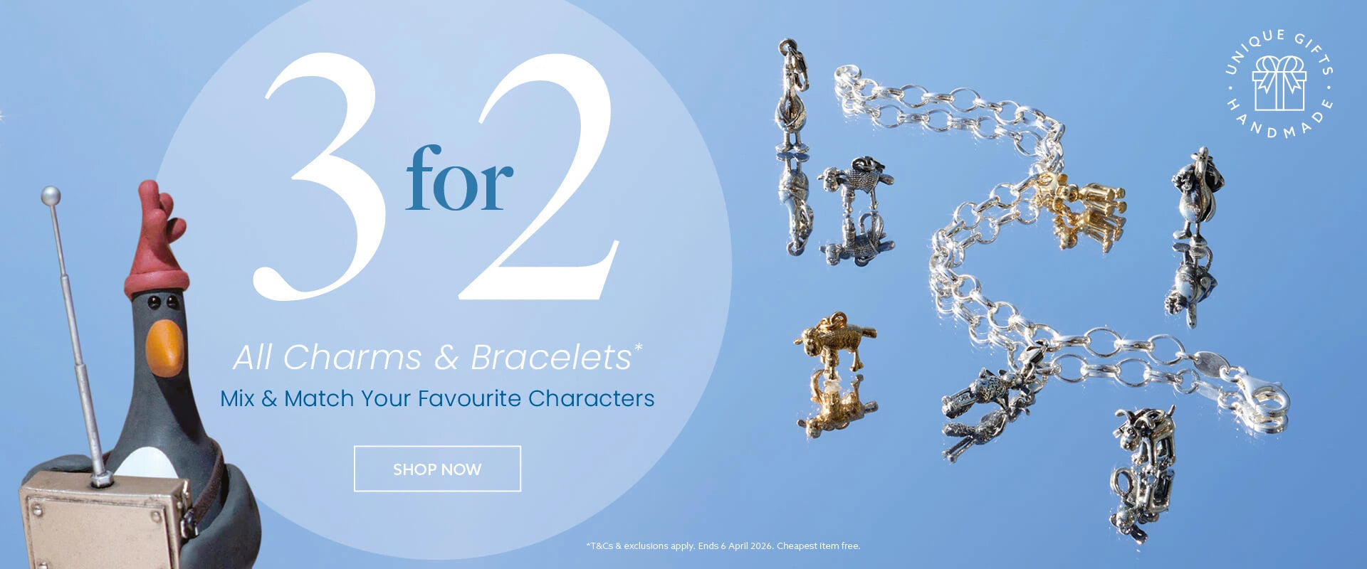 Licensed To Charm 3 for 2 charms and bracelets promotional banner featuring licensed character charms, bracelet chain and Feathers McGraw on a blue background