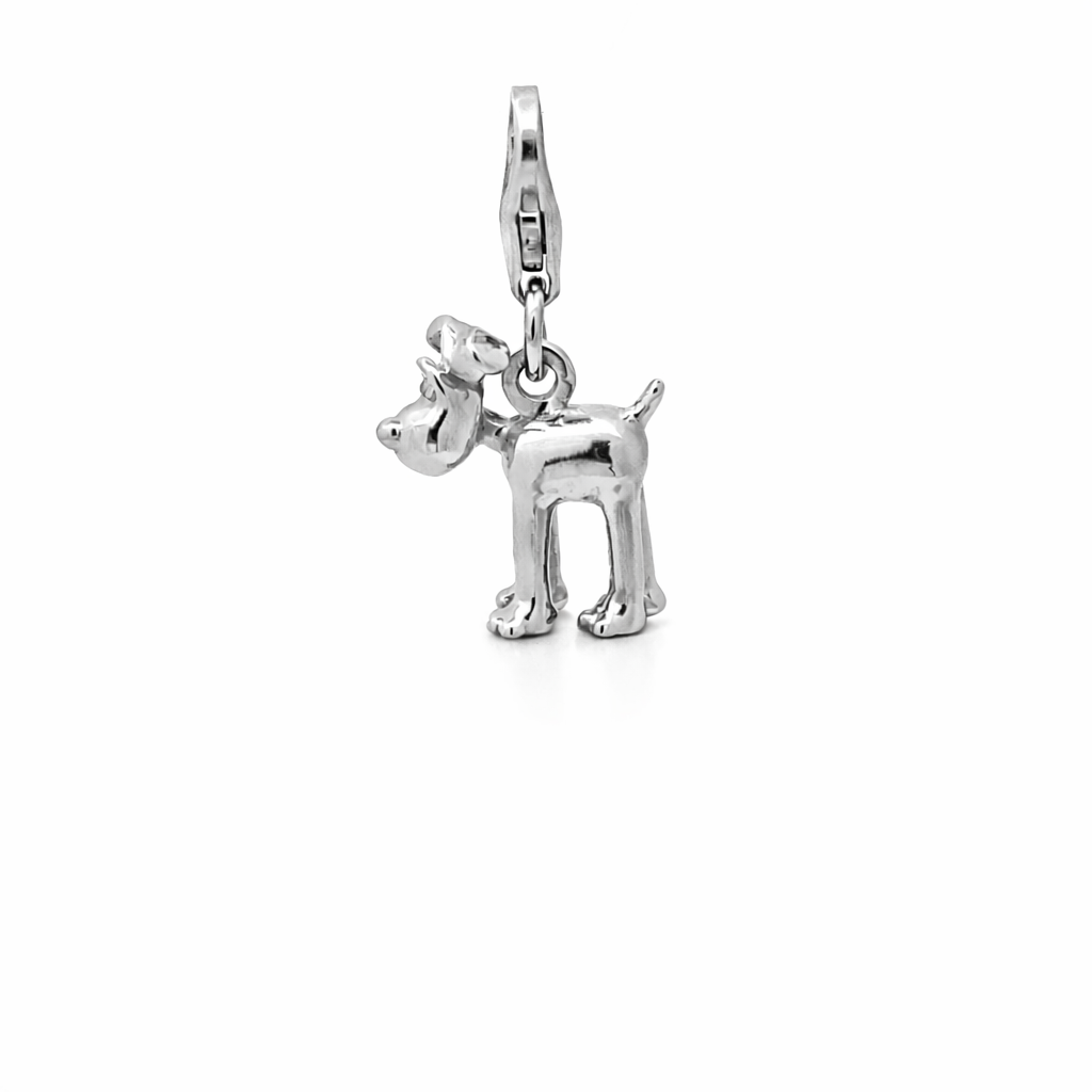 Angled view of Gromit sterling silver clip-on charm with lobster clasp by Licensed To Charm, Aardman licensed