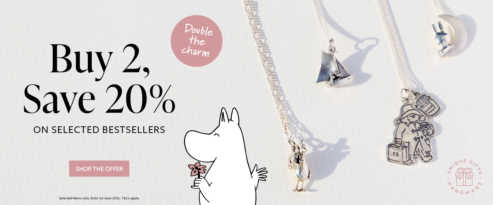 Buy 2 Save 20% promotional banner featuring bestselling officially licensed jewellery from Licensed To Charm