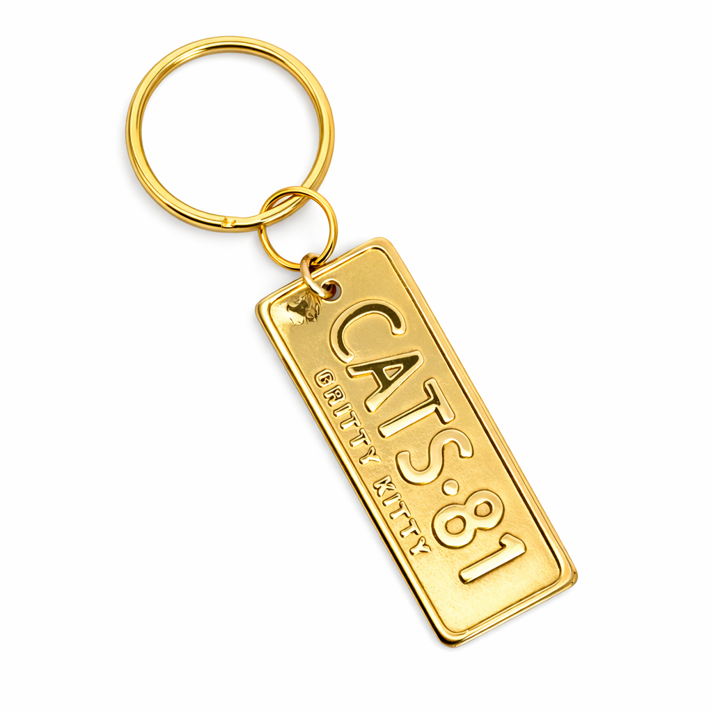 Licensed To Charm Cats Number Plate keyring in brass with Cats 81 design inspired by Andrew Lloyd Webber's Cats
