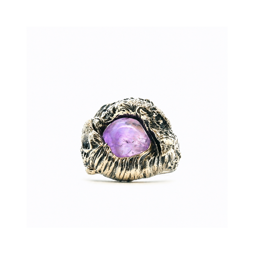 The Dark Crystal Skeksis and Mystic sterling silver ring featuring a purple amethyst stone and intricate sculpted detailing, photographed from the front.