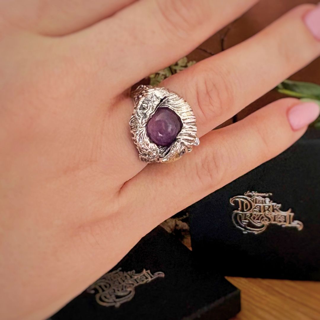 Dark Crystal Skeksis & Mystic Ring with amethyst worn on finger, highlighting detailed silver design.