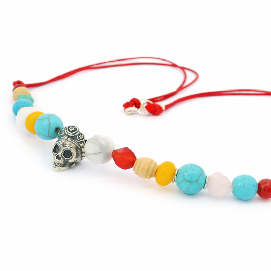 Licensed To Charm Frida Kahlo Beaded Sugar Skull Cord Necklace with sterling silver skull charm, colourful semi-precious beads and red cord