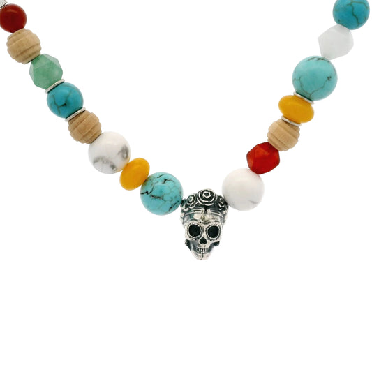 Frida Kahlo Beaded Sugar Skull Necklace in recycled sterling silver with an oxidized sugar skull charm and vibrant semi-precious stone beads. Handmade and unique