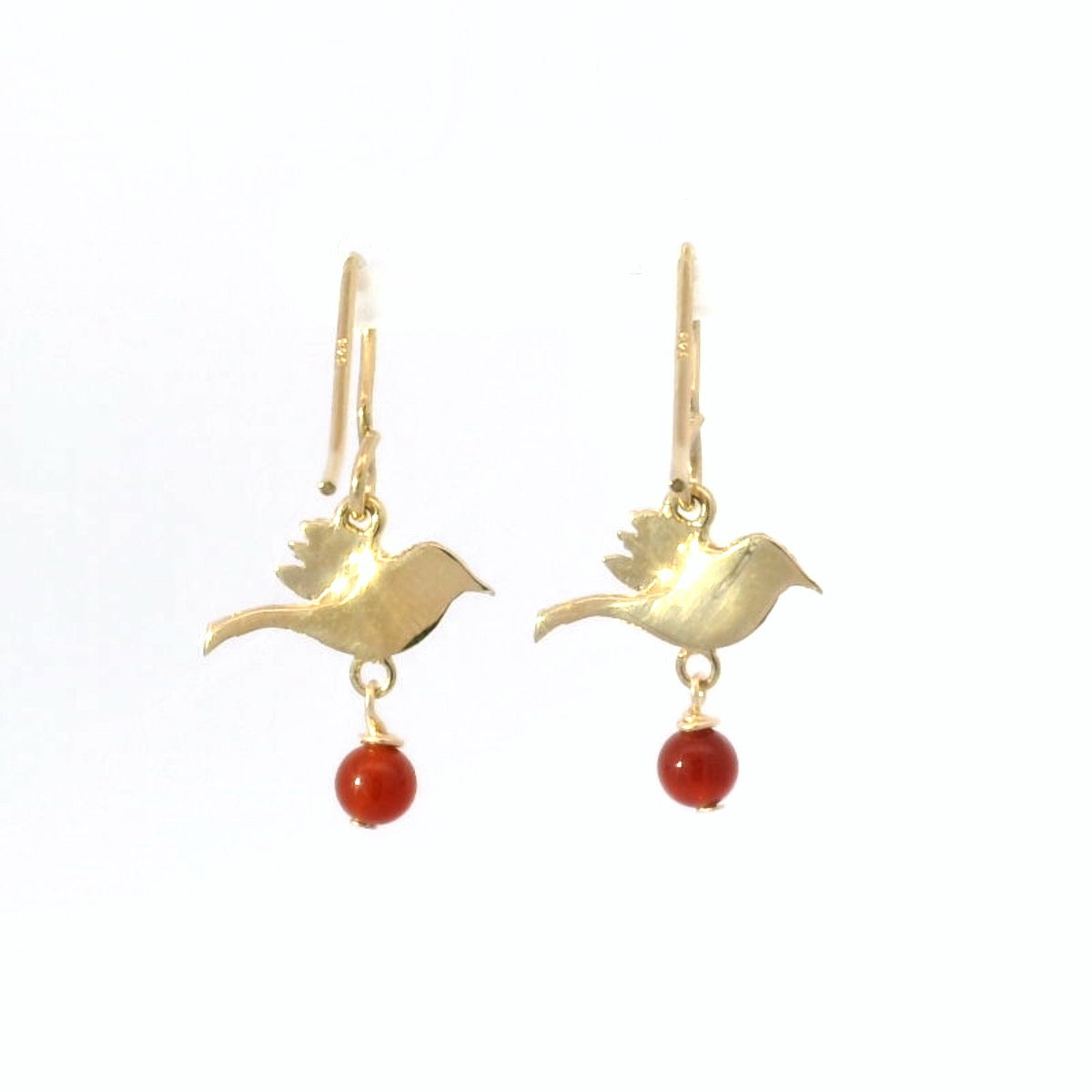 Licensed To Charm Frida Kahlo bird carnelian drop earrings in 18ct gold vermeil close up, handmade in the UK 
